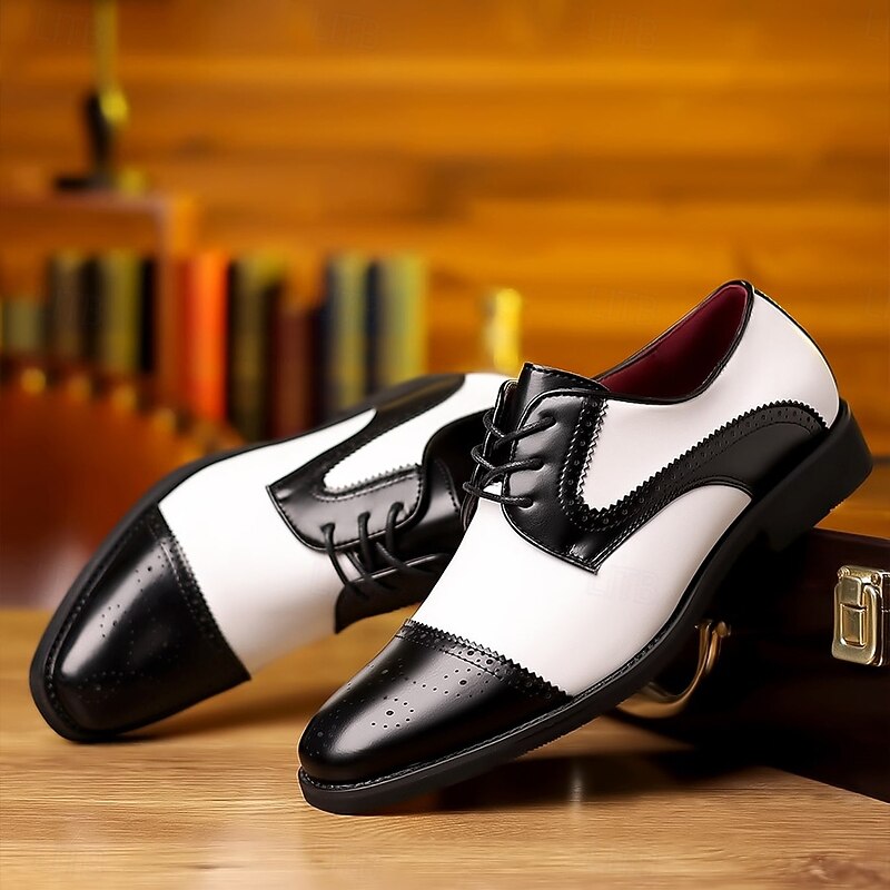 Men's Black and White Color-Blocked Dress Shoes with Perforated Detailing Stylish Formal Footwear for Business Meetings Weddings and Evening Dinners2