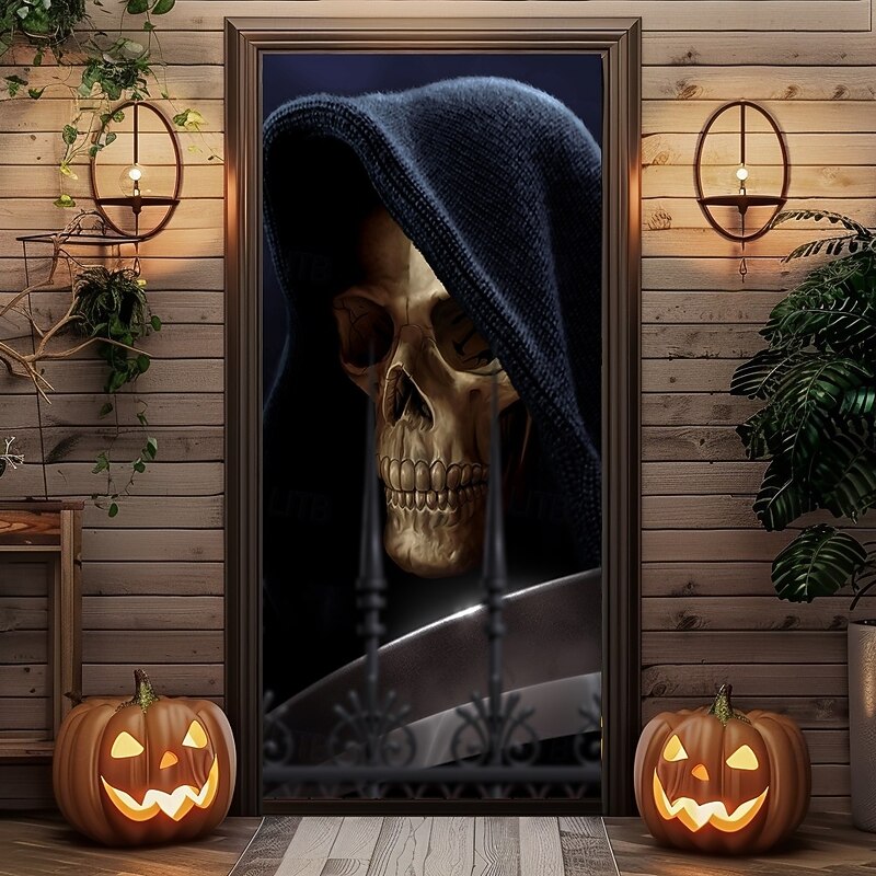 Halloween Door Covers Reaper by Tom Wood Door Tapestry Door Curtain Decoration Backdrop Door Banner for Front Door Farmhouse Holiday Party Indoor Outdoor Decor Supplies2