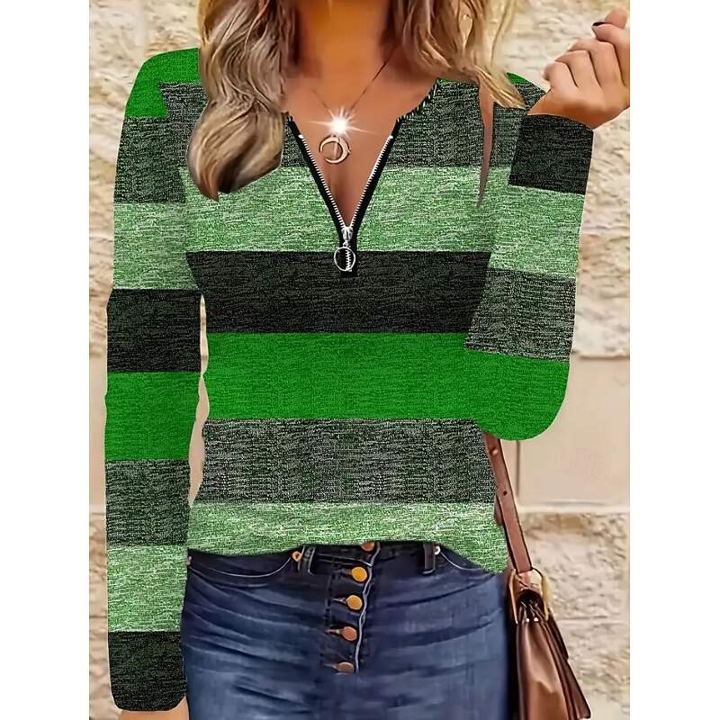 Women's T Shirt Quarter Zip Long Sleeve Casual Graphic Geometric Striped Vintage Stylish Crew Neck Regular Tops Daily Red Blue Purple Brown Green Spring Fall Winter4
