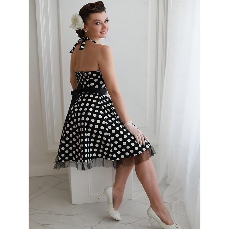 Vintage 1950s Rockabilly Knee Length Flapper Dress Dress A Line Dress Polka Dot Fit & Flare Halter Neck Fancy Dress Women's Halloween Carnival Valentine's Day Party Casual Tea Party Adults' Dress4