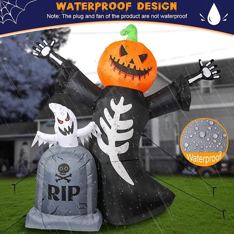 1 Pc 8FT Outdoor Halloween Lantern Pumpkin Head Skull Ghost Tombstone Inflatable Air Model Indoor and Outdoor Courtyard Garden Path Party Decoration Lights4