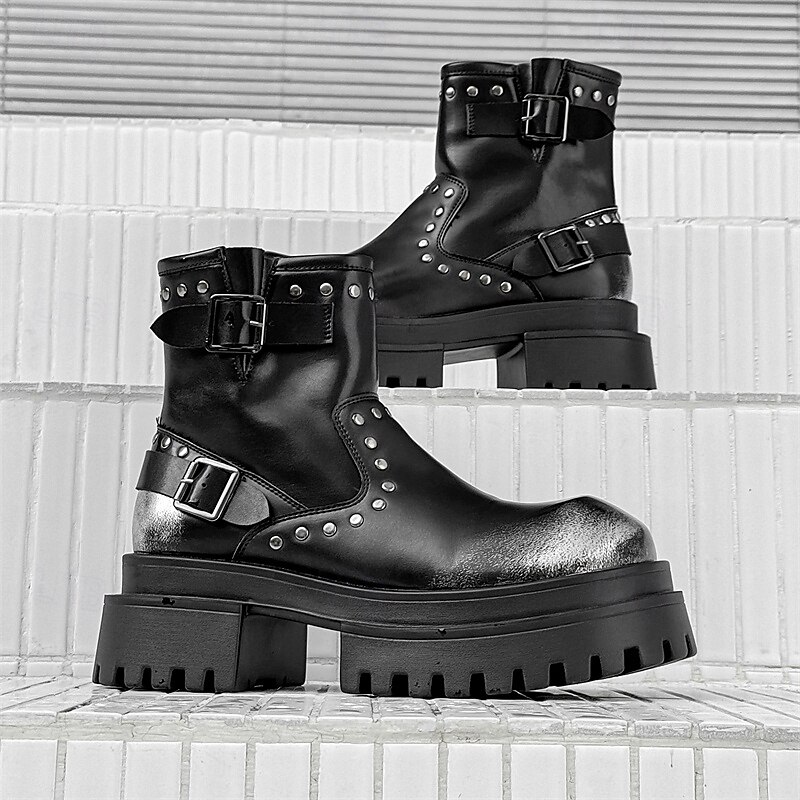 Men's Black Chunky Buckle Ankle Boots – Punk Rock Platform Combat Boots for Gothic Fashion & Fall Streetwear4