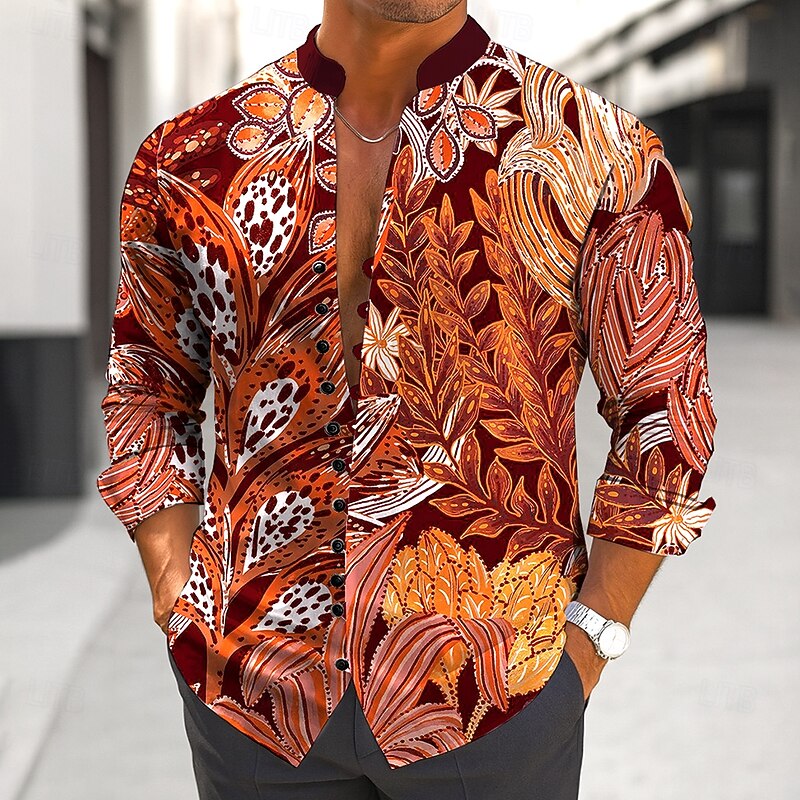 Men's Palm Leaf Tropical Plants Shirt Stand Collar Shirt Long Sleeve Hawaiian Vacation Daily Wear Going out Spring Fall Mandarin Collar Band Collar Button-Down Linen Like Shirt Black Red Blue Green3