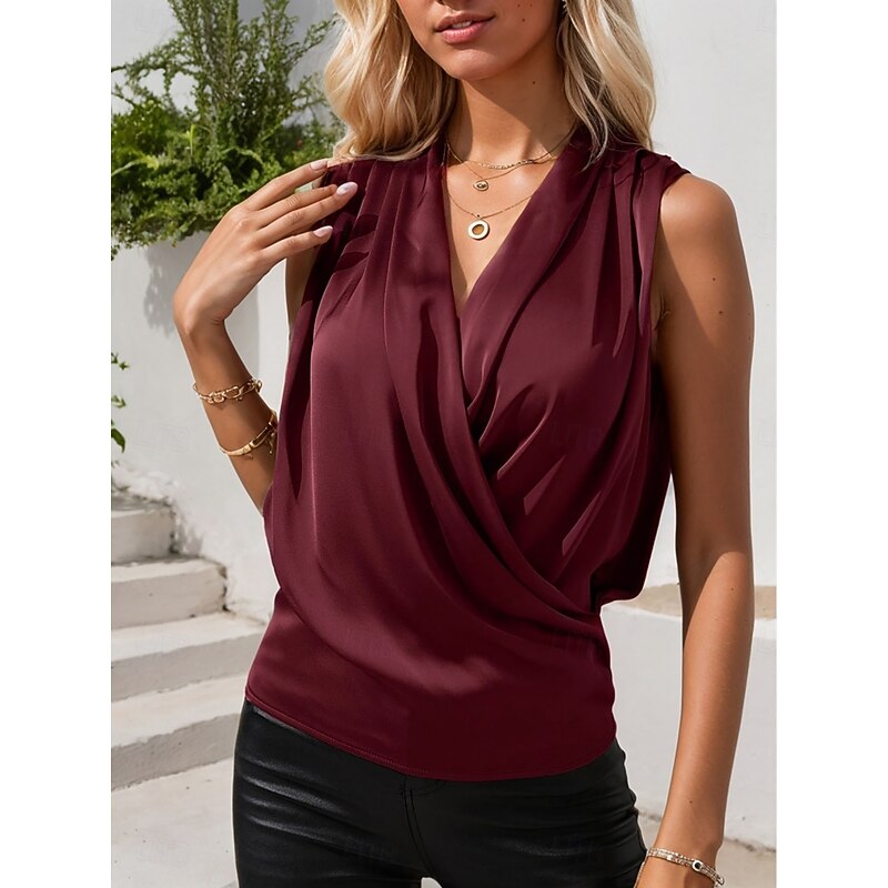 Women's Elegant Dressy Satin Camisole Tank Top Plain Stylish Modern Sleeveless Cowl Neck Regular Tops Daily Holiday Ruched Wine Blue Green Summer3