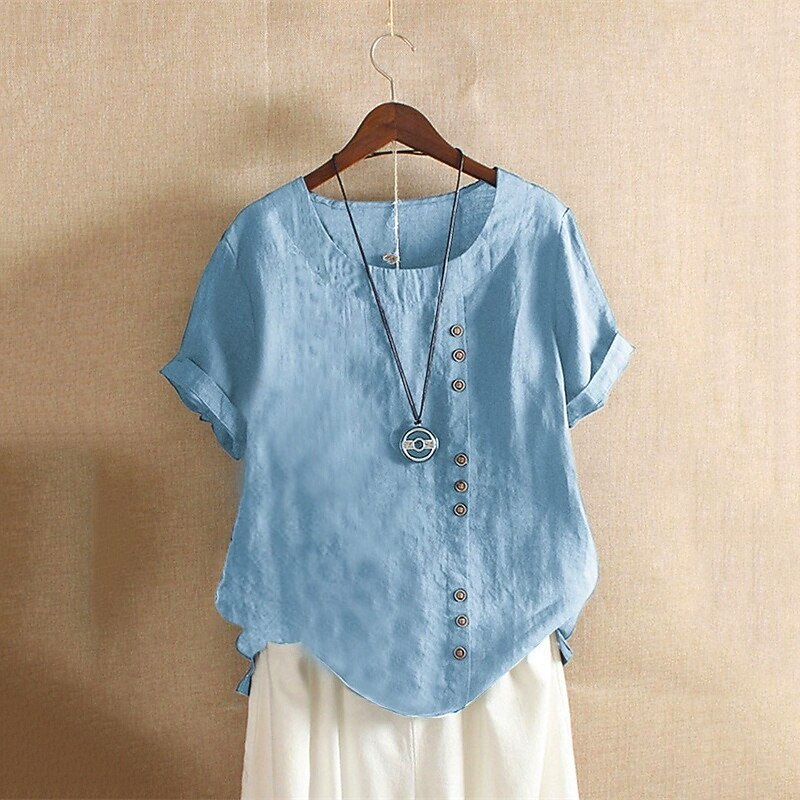 Women's Texture Blouse T Shirt Plain Fashion Modern Short Sleeve Crew Neck Regular Tops Daily Buttons White Army Green Light Blue Summer