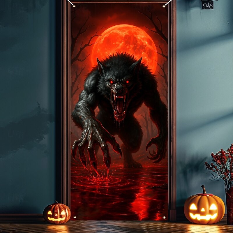 Halloween Door Cover – Evil Demon Emerging from Wooden Door, Haunted House Entrance Banner, Spooky Outdoor & Indoor 2025 Halloween Decoration for Bedroom, Living Room, Bathroom3