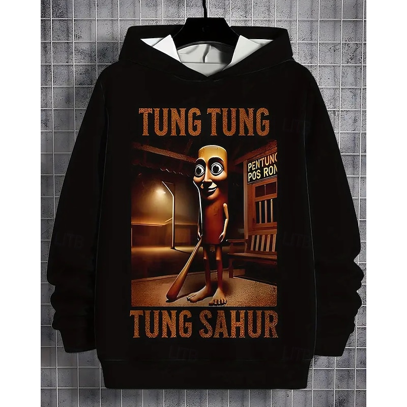 Boys' 3D Cartoon Tung Tung Graphic Hoodie Long Sleeve Spring Fall Fashion Streetwear Kids 4-12 Years Hooded Outdoor Casual Daily Regular Fit