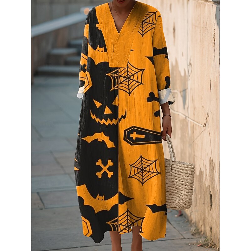 Halloween Women's Ghost Print Midi Dress V Neck Long Sleeve Kaftan Lightweight Loose Fit Casual Dress Shift Dress Casual Loose Fit Graphic Long Sleeve V Neck Black Yellow Pink Orange Fall3