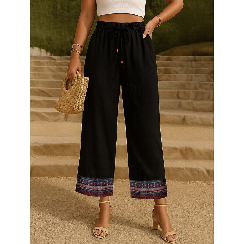 Women's Cotton Linen Pants Chinos Pants Trousers Fashion Ethnic Style Basic Full Length High Waist Floral Embroidered Pocket Drawstring Comfort Outdoor Micro-elastic Vacation Street Daily Apricot3