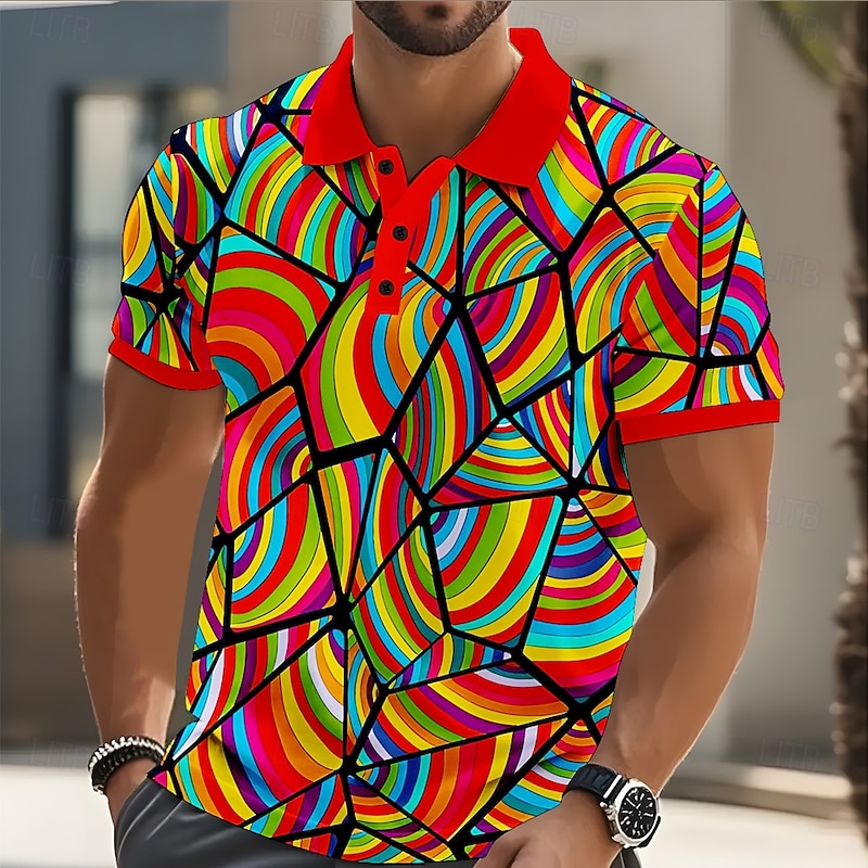 Men's Abstract Geometic Polo Short Sleeve Polo Shirts Collared Shirts Casual Street Athleisure Daily Wear 3D Print Buttons Summer Red Purple Green