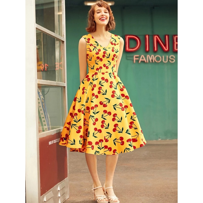 Retro Vintage 1950s Rockabilly Midi Dress Swing Dress Flare Dress Floral Cherry Daisy A-Line Turndown Fancy Dress Women's Carnival Vacation Daily Wear Retro Theme Party Adults' Dress Spring & Summer
