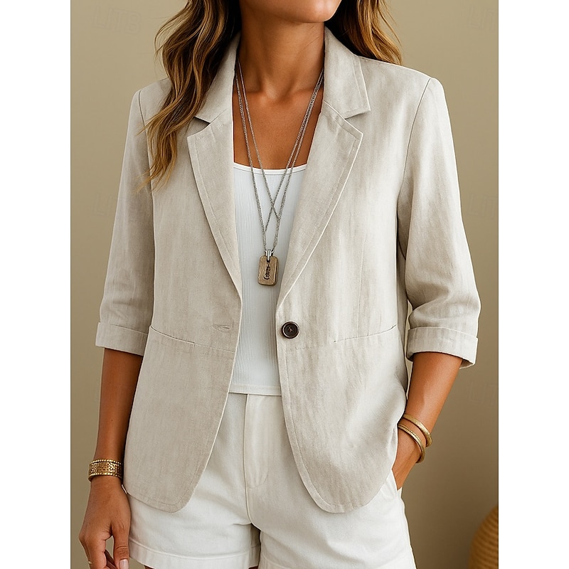 Women's Cotton Linen Blazer Comfortable Breathable Pocket Casual Plain Office Street Casual Daily Wear Single Breasted Turndown Regular Fit Long Sleeve Outerwear Yellow Pink Apricot Summer Spring
