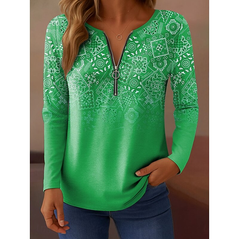 Women's T shirt Long Sleeve Quarter Zip Long Sleeve Casual Ombre Graphic Paisley Elegant Vintage Stylish V Neck Regular Tops Daily Red Blue Purple Green Khaki Spring Fall Prefall3