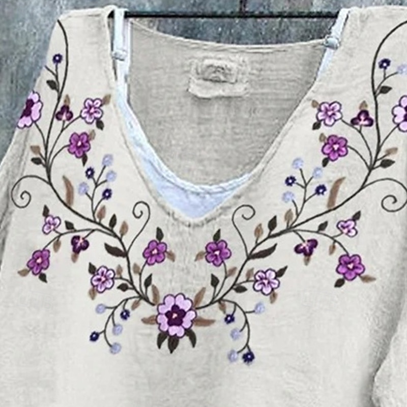 Women's T Shirt Tee Top Floral Fashion Modern Long Sleeve V Neck Regular Tops Daily Going out Print Purple Beige Spring Fall3