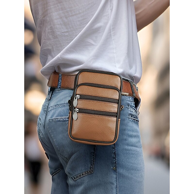 Men's Leather Crossbody Shoulder Bag with Multi-Pocket Design, Small Travel Messenger Bag and Waist Bag for Casual Daily Use and Outdoor Activities