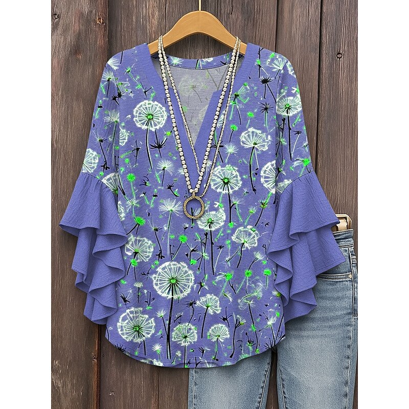 Easter Women's Blouse Floral Graphic Elegant Bohemia Ethnic 3/4 Length Sleeve V Neck Regular Tops Daily Holiday Vacation Wear Ruffle Print Pink Blue Purple Green Summer Spring Fall3