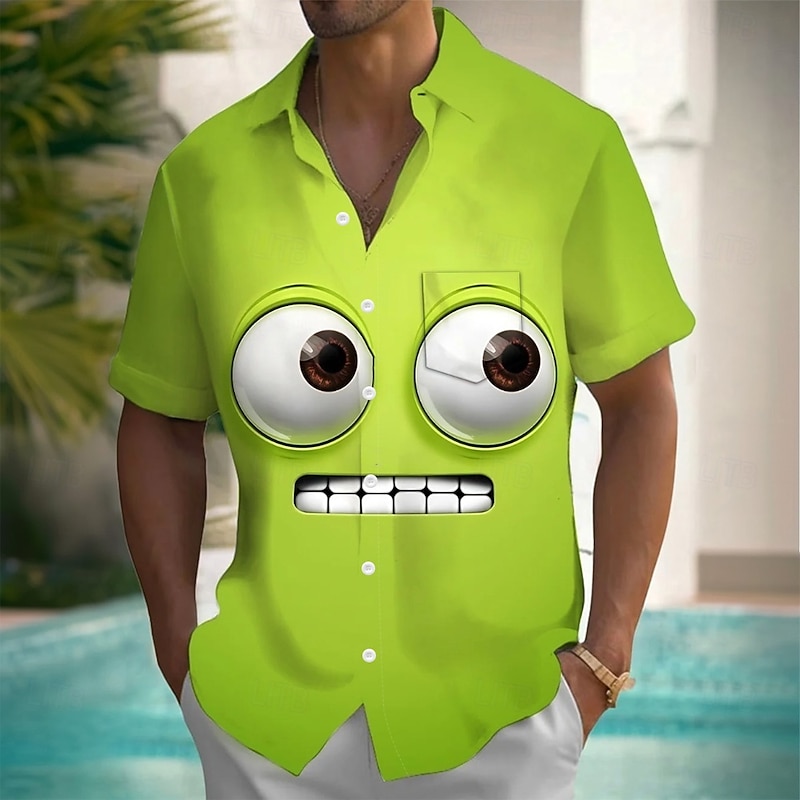 Men's Cartoon Funny Smile Face Shirt Summer Shirt Button Up Shirt Short Sleeve Fashion Casual Outdoor Vacation Dailywear Summer Spring Turndown 3D Print Collared Shirts Front One Pocket Green