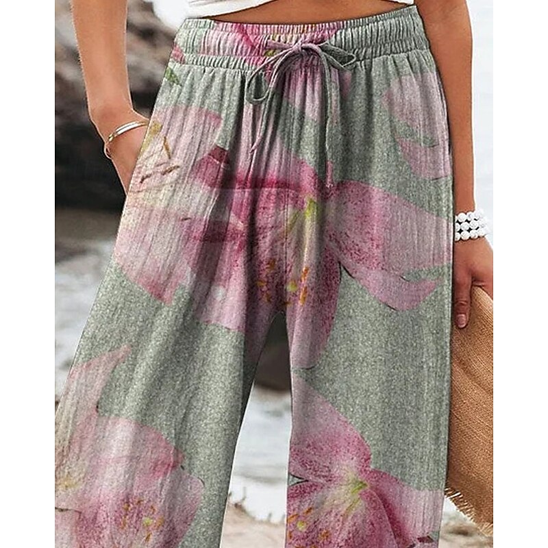 Women's Wide Leg Pants Trousers Palazzo Pants Fashion Streetwear Full Length High Waist Flower Elastic Waist Drawstring Print Breathability Comfortable Street Daily Wear Going out White Green Spring3