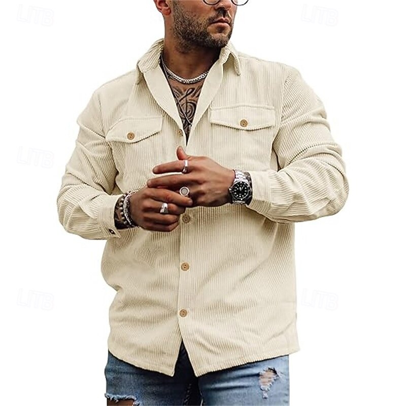 Men's Lightweight Jacket Corduroy Jacket Cargo Jacket Casual Jacket Vacation Daily Pocket Spring Fall Plain Fashion Classic Lapel Regular Black Navy Blue Brown Beige Gray Jacket3