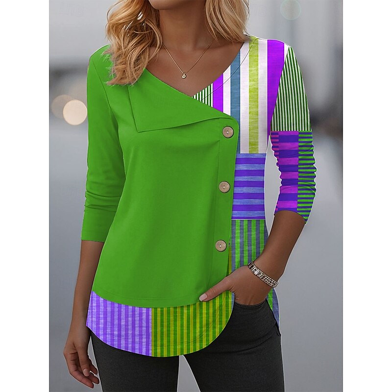 Women's Blouse Tunic V Neck Long Sleeve Buttons Graphic Geometric Plaid Fashion Casual Crew Neck Regular Tops Daily Patchwork Print Red Blue Purple Green Spring Fall Winter Prefall2