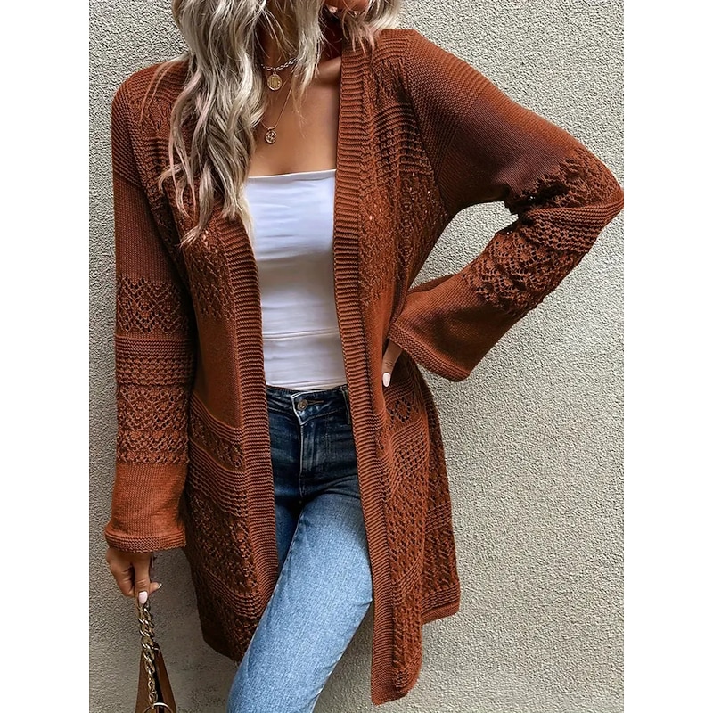 Women's Puffer Jacket Comfortable Breathable Cut Out Fashion Daily Plain Outdoor Casual Daily Open Front Regular Collarless Regular Fit Long Sleeve Outerwear Brown Spring Fall