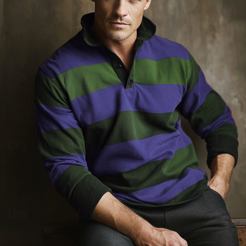 Men's Horizontal Stripes Rugby Polo Long Sleeve Polo Shirts Collared Shirts Sportswear Casual School Outdoor Athleisure 3D Print Spring Fall Winter Red Blue Purple3