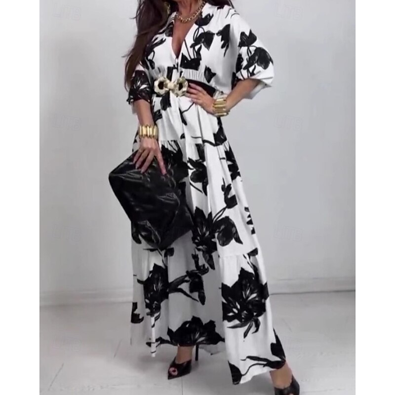 Women's Midi Dress Print Dress Fashion Modern Outdoor Vacation Holiday Regular Fit Flower 3/4 Length Sleeve V Neck Black And White Fall