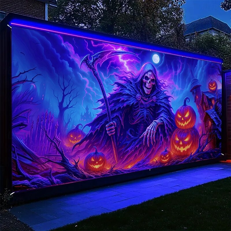 Halloween Garage Door Cover Neon Grim Reaper with Jack-o'-Lanterns Banner, Glowing Blacklight Backdrop Decoration for Holiday Outdoor Garage Door and Home Wall, 2025 Halloween Decorations2