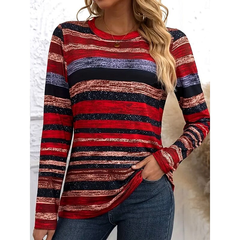 Halloween Women's T shirt Crew Neck Long Sleeve Tunic Graphic Geometric Striped Vintage Stylish  Round Neck Regular Tops Daily Print Wine Orange Fall4