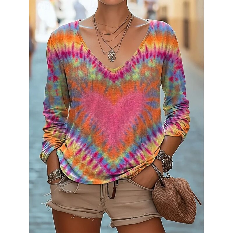 Women's Blouse Tie Dye Flower Bohemia Daily Long Sleeve V Neck Regular Tops Daily Holiday Print Pink Blue Purple Fuchsia Apricot Summer Spring Fall4