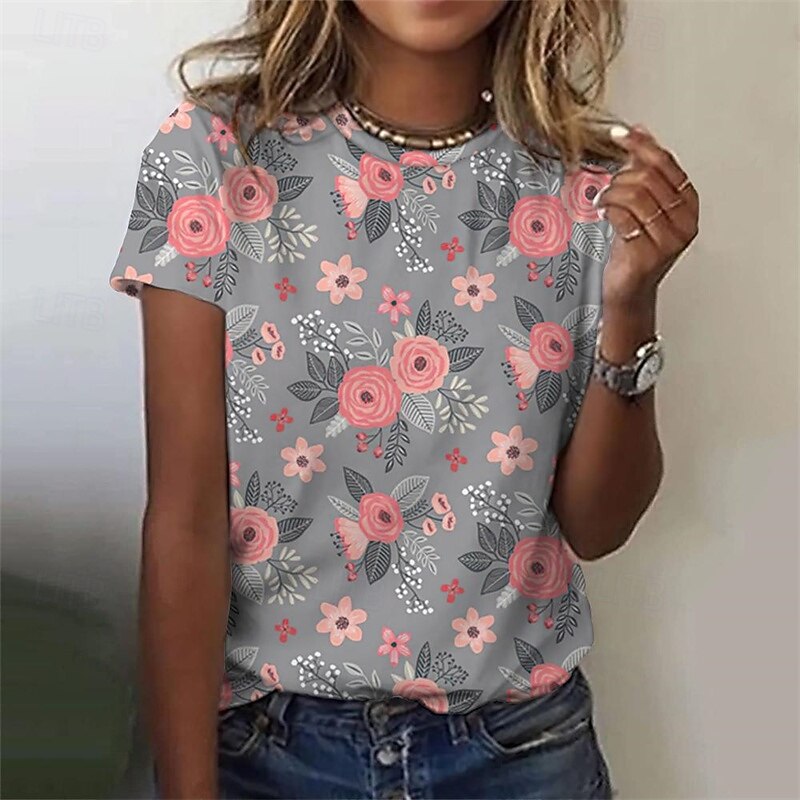 Women's T Shirt Floral Fashion Modern Short Sleeve Crew Neck Regular Tops Daily Print Yellow Pink Gray Summer2