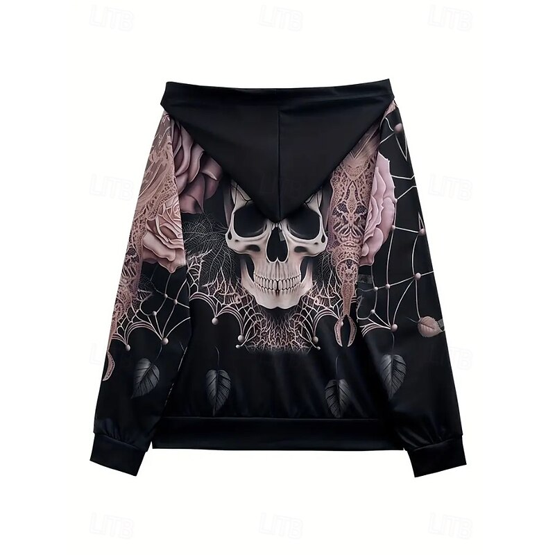 Halloween Women's Hooded Sweatshirt Jacket Long Sleeve Zip Up Hoodie With Pocket Lightweight Casual Micro-elastic Oversized Skulls Graphic Active Vintage Sports Zip Up Drawstring Black Spring Fall3