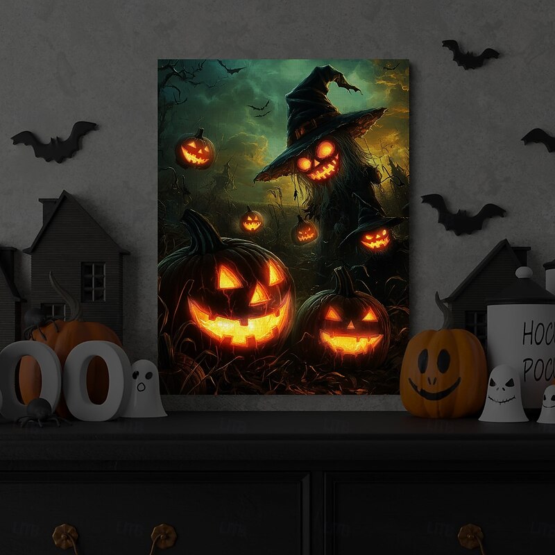 Halloween Flying Witch and Pumpkins LED Canvas Wall Art - Battery Operated Lighted Wall Decor for 2025 Halloween home decoration light livingroom and bedroom4