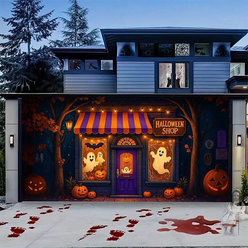 Halloween Garage Door Cover Pumpkin Shop Entrance Banner, Large Tapestry Backdrop Decoration for Holiday Outdoor Garage Door and Home Wall, 2025 Halloween Decorations3