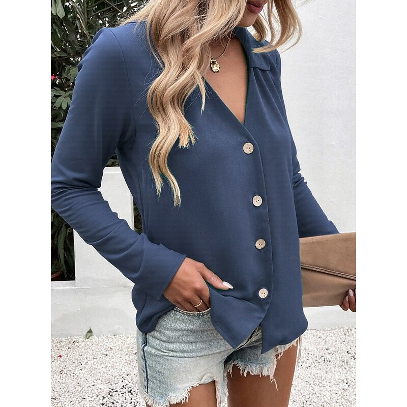 Women's Shirt Button Down Blouse Solid Color Stylish Casual Long Sleeve V Neck Regular Tops Daily Buttons Black White Blue Fuchsia Summer Spring3