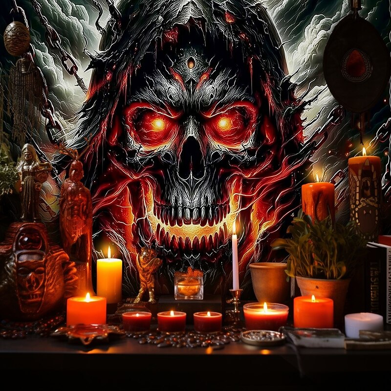 Halloween Skull Horror Wall Tapestry – Fiery Red-Eyed Skeleton with Candles, Gothic Dark Fantasy Scene, Spooky Backdrop for 2025 HALLOWEEN Living Room, Bedroom, Party Decoration