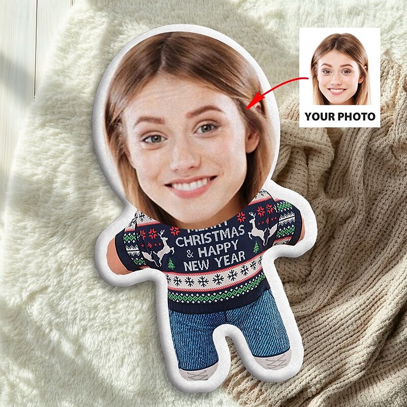 Christmas Custom Face Pillow Personalized Photo Minime Throw Pillow Humanoid Cushion Funny Gag Xmas Gift For Him & Her Mini Me Doll Toy