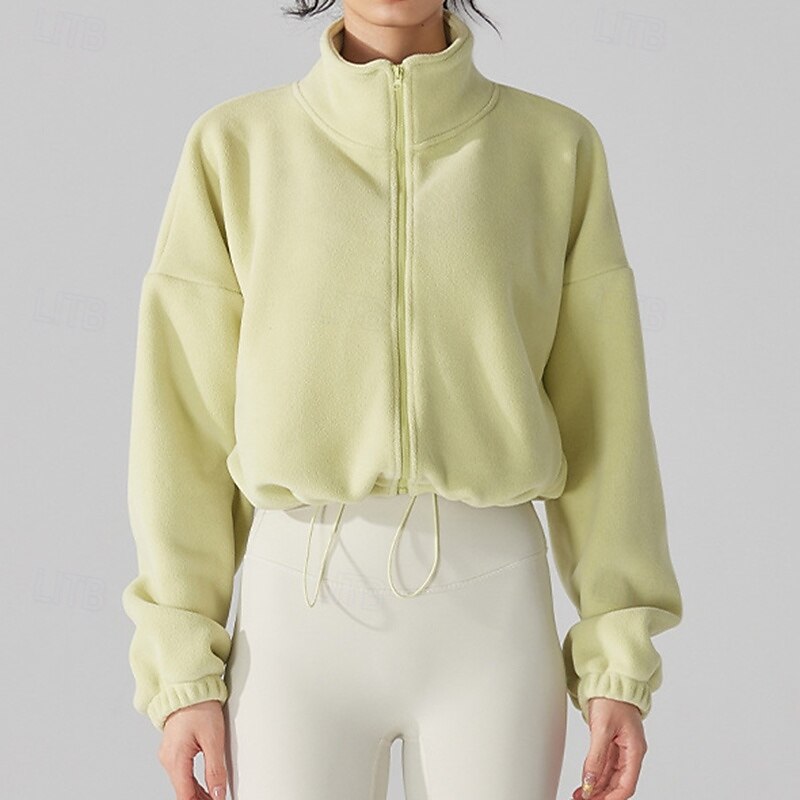 Women's Fuzzy Fleece Jacket Stand Collar Windproof Lightweight Warm Full Zip Long Sleeve Sports Solid Color Top For Outdoor Running Yoga Activewear2