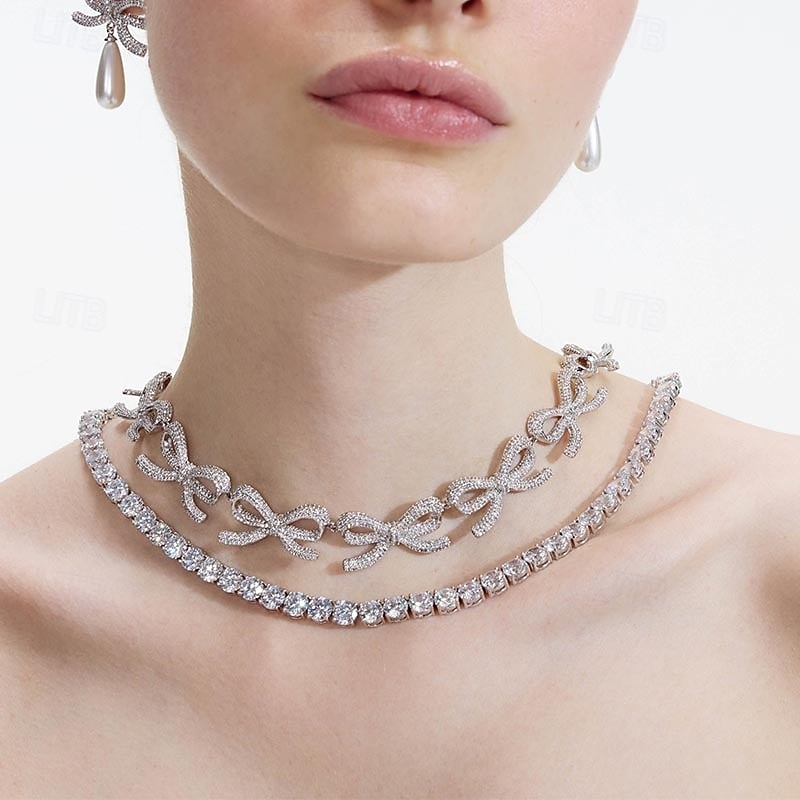 Choker Necklace Zircon Rhinestones Women's Fashion Artistic Luxury Double Layered Bowknot Wedding Circle Necklace For Wedding Party Daily