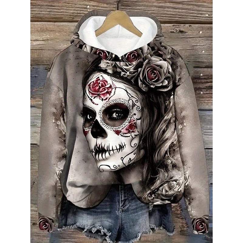 Halloween Women's Hoodie Pullover Sweatshirt Oversized Long Sleeve Casual Skulls Graphic Abstract Fashion Print Hooded Regular Tops Street Dailywear Drawstring Print Brown Khaki Dark Blue Fall Winter