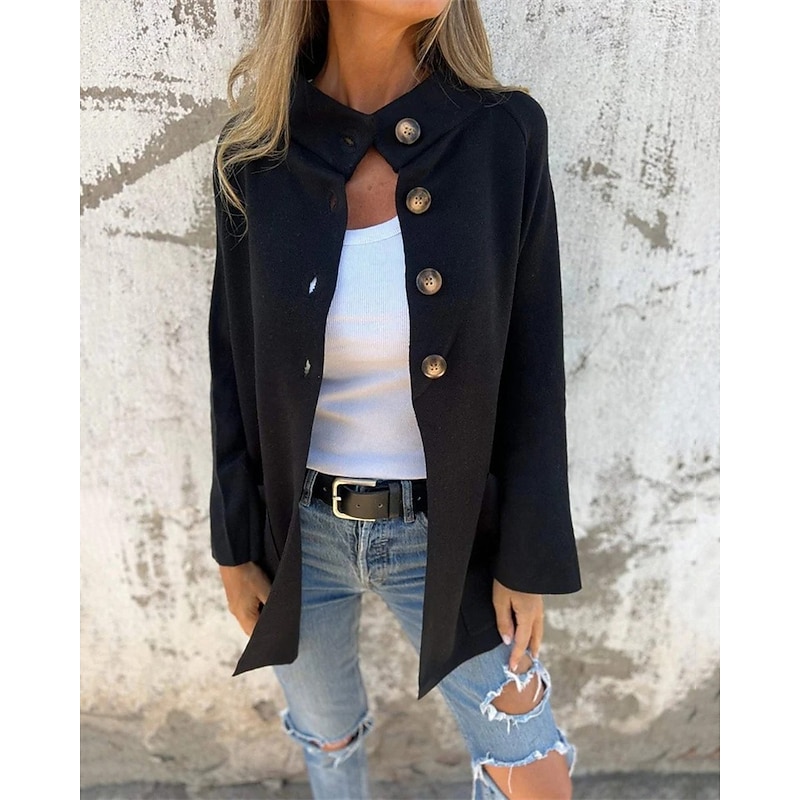 Women's Coat Casual Jacket Comfortable Pocket Buttons Fashion Modern Casual Plain Going out Weekend Single Breasted Regular Stand Collar Regular Fit Long Sleeve Outerwear Black Red Brown Fall Winter2