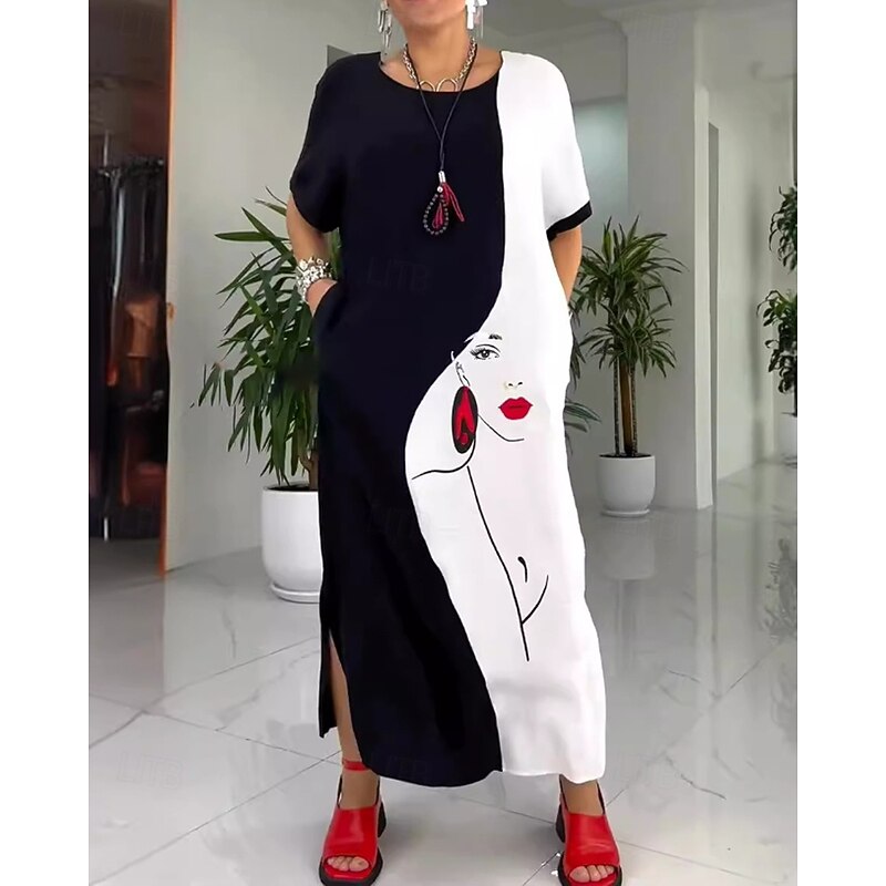 Women's Long Dress Maxi Dress Casual Dress Print Dress Classic Modern Outdoor Vacation Going out Regular Fit Color Block Short Sleeve Crew Neck Black And White Fall