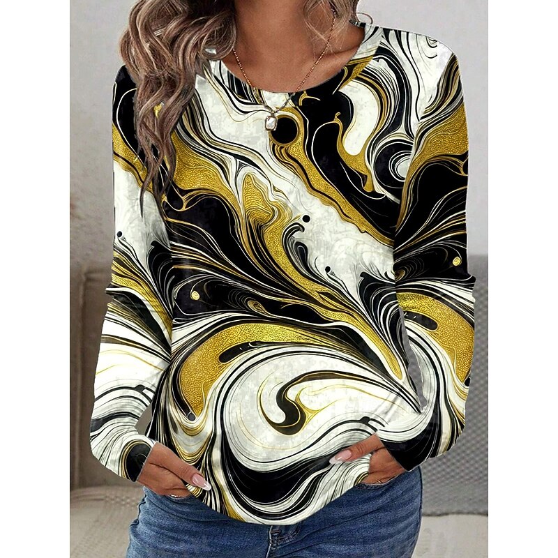 Easter Women's T shirt Crew Neck Long Sleeve Tunic Graphic Cloud Abstract Vintage Stylish Classic  Round Neck Regular Tops Daily Print Yellow Dusty Blue Fall4