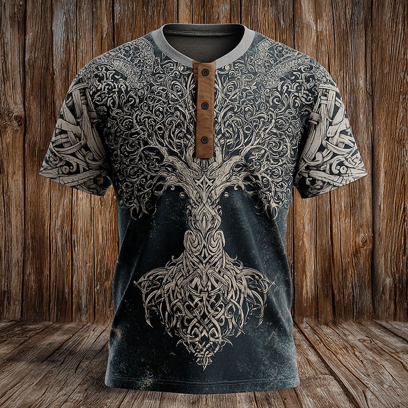 Men's Graphic Christmas Tree T Shirt Henley Shirt Short Sleeve Viking Designer Retro Vintage Street Casual Daily Summer Spring All Seasons Dark-Gray Black Navy Blue Dark Brown Henley Henley T-Shirt