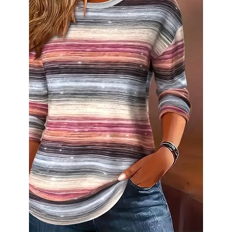 Women's T shirt Crew Neck Long Sleeve Tunic Graphic Geometric Striped Vintage Stylish  Round Neck Regular Tops Daily Print Dusty Rose Fall3