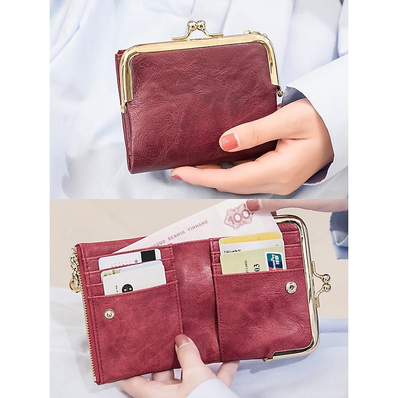 Women's Red Faux Leather Wallet with Kiss Lock and Zipper, Multi-Card Slots, Stylish Vintage Design for Daily Use, Shopping and Casual Outings