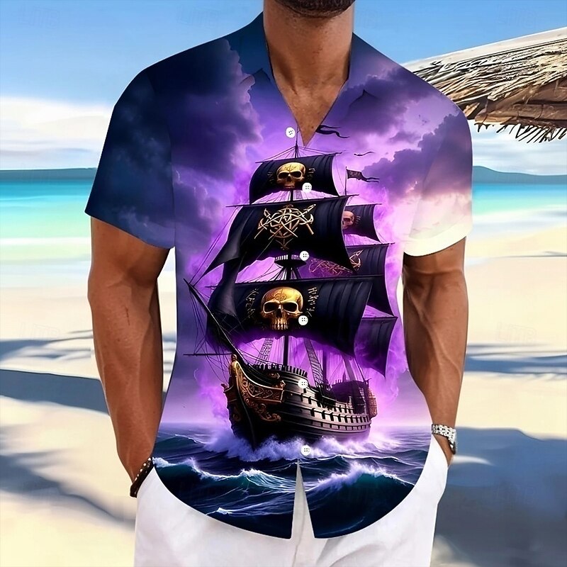 Halloween Men's Haunted Pirate Ship Ocean Sailboat Shirt Summer Shirt Button Up Shirt Short Sleeve Vintage Retro Dark Holiday Streetwear Summer Spring Turndown 3D Print Collared Shirts Purple