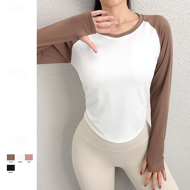 Women's Activewear Crew Neck Quick Dry Stretchy Breathable Splicing Long Sleeve Sports Color Block Top For Gym Dance Athletic Activewear