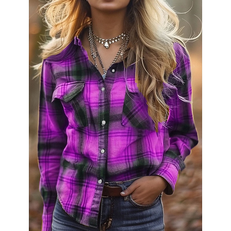 Women's Shirt Graphic Plaid Vintage Tropical Daily Long Sleeve Shirt Collar Regular Tops Work Daily Buttons Print Yellow Red Blue Purple Green Spring Fall2