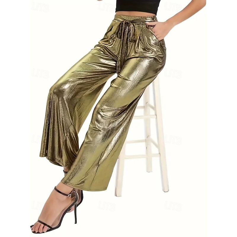 Women's Wide Leg Slacks Streetwear Casual Full Length Natural Plain Pocket Elastic Waist Comfortable Street Holiday Daily Wear Black Golden Fall Regular Fit2